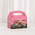 Pink comic theme muffin box with superhero cityscape and pop art sound effect prints - Pink