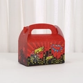 Red superhero comic style cardboard gift box with city silhouette and POW graphic - Red