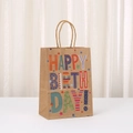 Brown kraft paper gift bag with colorful Happy Birthday lettering and woven handles - Colorful Decorative Letters Style (468-1)
