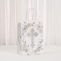 Sacchetto regalo in carta kraft bianca con croce glitter argento e elegante stampa floreale - Croce Floreale (484-6)