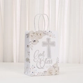 Dettaglio della busta regalo in carta kraft bianca con fiori e croce d'argento God Bless - Stile Croce Floreale 4 (484-1) / 21*15*8