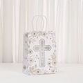 Sacchetto regalo bianco God Bless con croce glitter argento e motivi floreali eleganti - Stile Croce Floreale 2 (484-3) / 21*15*8