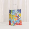 Colorful tie-dye kraft paper gift bag with Good Vibes print and white rope handles - Good Vibes Text and Peace Sign (445-2)