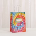 Colorful tie-dye paper gift bag featuring a cartoon bus and retro peace signs with rope handles - Retro Mini Bus and Flowers (445-3)
