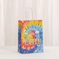 Colorful tie-dye paper gift bag with Peace Love print and white twisted rope handles - Peace Love and Rainbow (445-1)