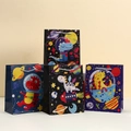 Space dinosaur themed gift paper bags with silver handles for party favors - Multicolor / Small