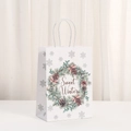 Detail of white kraft paper gift bag with Sweet Winter wreath and rope handles - Sweet Winter Holiday Wreath Style (452-2)