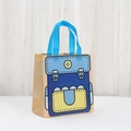 Close-up of non-woven shopping bag with colorful cartoon backpack print and blue handles - Cream Base Blue Yellow Pattern (2012-1)