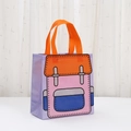 Purple non-woven gift bag with colorful cartoon backpack print and orange handles - Purple Base Orange Pink Pattern (2012-4)