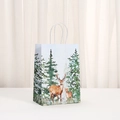 Brown kraft paper gift bag with winter forest deer print and white rope handles - Winter Reindeer And Pine Tree Style (452-1)