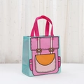 Light blue 2D cartoon style non-woven shopping bag with pink backpack print and handles - Light Blue Base Pink Pattern (2012-2)