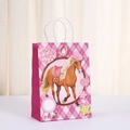 Sacchetto regalo rosa a quadretti con motivo a cavallo e manici in corda bianca - Motivo Primo Piano Testa di Cavallo (453-2) / 21x15x8