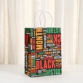 Detail van Black History Month papieren cadeautas met kleurrijke tekst en wit gedraaid handvat - All-over Artistieke Tekst Stijl (459-5)