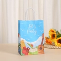 Detail of blue summer party paper gift bag with white rope handles and beach illustrations - Let's Party (276-5)