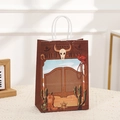 Wild West themed brown kraft paper gift bag with cowboy illustrations and sturdy white handles - Sheriff Badge and Cowboy Boots Style (340-2) / 21x15x8