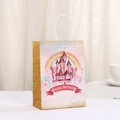 Pink unicorn birthday paper gift bag with rainbow castle design and gold glitter accents - Pink Castle Style (434-4) / 21x15x8
