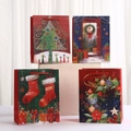 Set of four Christmas cartoon paper gift bags with holiday wreath and tree prints - Christmas Illustration Style (K6006) / 4 Styles Assorted (23x18x10cm)