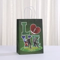 Rugby themed gift bag with LOVE typography and football player silhouette on green kraft paper - LOVE Sports Art Design (439-2)