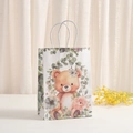 Sacchetto regalo in carta kraft con orsetto acquerello e manici in corda bianca per spesa - Orsetto circondato da fiori e foglie verdi (337-2)