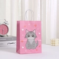 Pink kraft paper gift bag featuring a cute cartoon cat illustration and white rope handles - Pink Striped Cat Style (407-2)