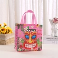 Pink non-woven Hawaiian gift bag featuring Tiki mask, flamingo and tropical patterns - Pink Flamingo Tiki Mask (3006-1)