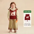 Toddler knit vest in dark red featuring a large cat graphic over a ruffled collar shirt - 90cm / Cat Pattern / Dark Red