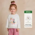 White girls' long sleeve T-shirt with cartoon print and floral ruffle hem detail - 90cm / White