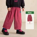 Pink corduroy wide-leg kids pants with vertical texture for spring and autumn wear - Pink / 90cm