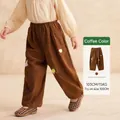 Coffee brown kids corduroy trousers with cute cartoon embroidery and elastic waist - Brown / 90cm