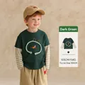 Boys' dark green cartoon cat long sleeve T-shirt with striped sleeves and khaki pants - 90 / Fake Two-piece Long Sleeve Top / Dark Green