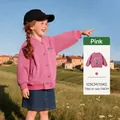 Pink cartoon cat cardigan for girls featuring blue amila letter embroidery and rib knit - Pink
