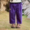 Kids purple corduroy pants featuring green frog embroidery and elastic waist in a loose fit - Purple / 140cm