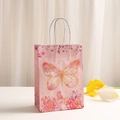 Pink kraft paper gift bag with golden glitter butterfly print and white woven handles - Pink Glitter Butterfly Style