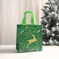 Dettaglio del sacchetto regalo di Natale verde con renna dorata e fiocchi di neve - Silhouette di Renna Dorata Verde (5008-5)