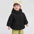 Children's winter hooded jacket in black with wavy quilting and floral button detail - 90cm / Black
