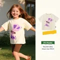 Light yellow girls' cotton t-shirt with purple butterfly print for summer wear - Beige / 140cm