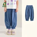 Girls Tencel mosquito pants in blue denim color with floral hem and soft breathable fabric - 90cm / Blue