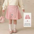 Pink girl's traditional Chinese style skirt set with floral embroidery and matching bag - Size 90 / Pink