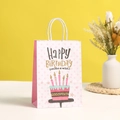 Pink Happy Birthday gift paper bag with cake illustration and white rope handles - Small / Cake Pattern Pink Polka Dots (605-4)