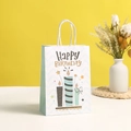 Sacchetto regalo bianco con onde blu, scritta Happy Birthday e manici in corda di cotone - Piccolo / Motivo Candela Zigzag Blu Chiaro (605-1)
