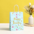 Light blue Happy Birthday paper gift bag with gold letters and colorful party icons - Small / Blue