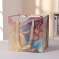 Elegant paper gift bag with purple fluid marble pattern and golden ribbon handles - Medium Size / Purple Art Pattern