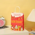 Detail of red paper gift bag with festive birthday cake and party hat illustrations - Red Happy Birthday Style(113-3) / H15*L11*W6CM