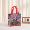 Cartoon monster truck racing non-woven gift bag with red handles and checkered sides - Blue Green Monster Truck Style (9008-1)