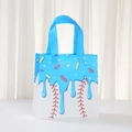 Detail of waterproof non-woven gift bag featuring baseball stitch and blue drip print - Sky Blue Frosting Baseball Style (9058-8)