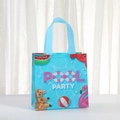 Blue non-woven pool party gift bag with cute cartoon prints and sturdy webbed handles - Pool Party Giraffe Flamingo Style (9057-3) / 20*20*9