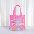 Pink non-woven gift bag featuring cartoon Easter gnomes and colorful eggs design - Pink Easter Gnomes Style / 20x20x9cm / Pink