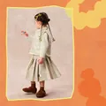 Girls winter traditional style outfit set featuring mint floral vest and pleated skirt - 80cm / Yellow