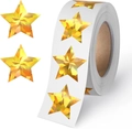 Macro detail of gold laser star stickers in a bulk roll on a white background - Gold Star Style (KA17)