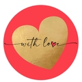 Adesivo rotondo rosso con cuore in lamina d'oro e scritta with love per decorazione - Grandi dimensioni
